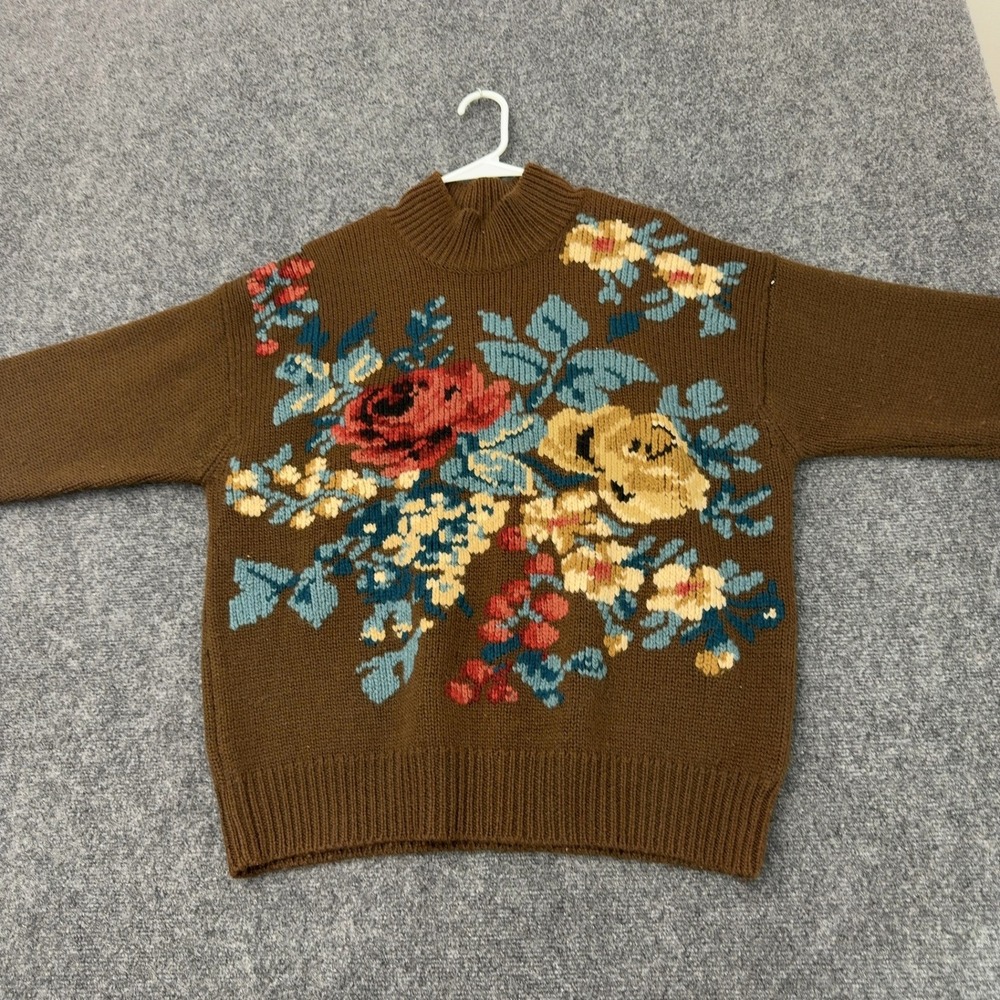 Vintage Jones New York Sweater Womens L Brown Wool Floral Embroidered Mock Neck